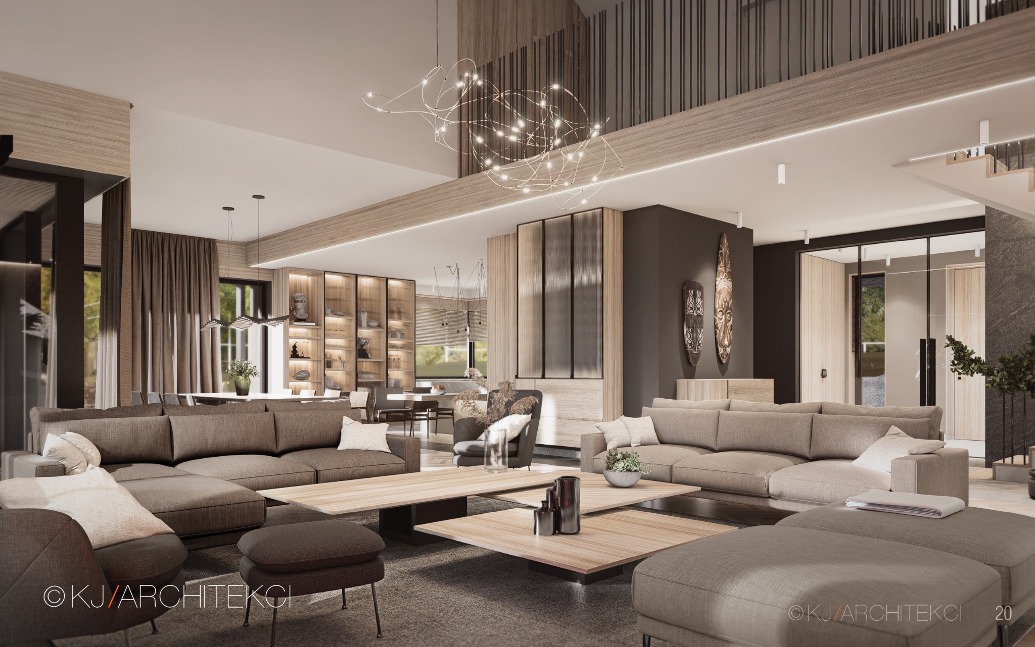 Przestronny salon z dwoma narożnikami w odcieniach brązu, drewnianymi stolikami kawowymi i dekoracyjnym oświetleniem sufitowym, widok na jadalnię i kuchnię w tle, dekoracje ścienne w stylu...
