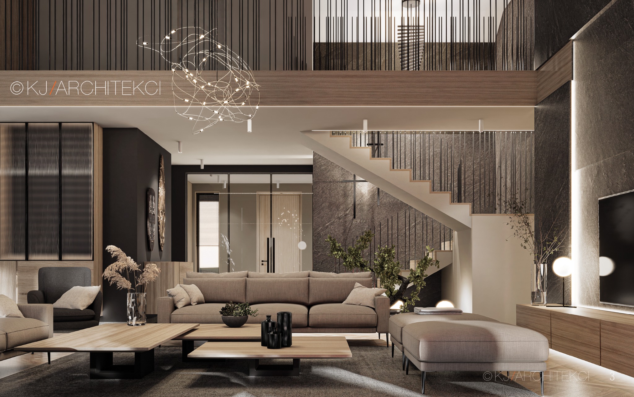 Wnętrze przestronnego salonu z antresolą, oświetlonego dekoracyjną lampą w kształcie kuli, z sofą w odcieniach beżu, drewnianymi stolikami kawowymi, schodami z metalową balustradą i elementami...