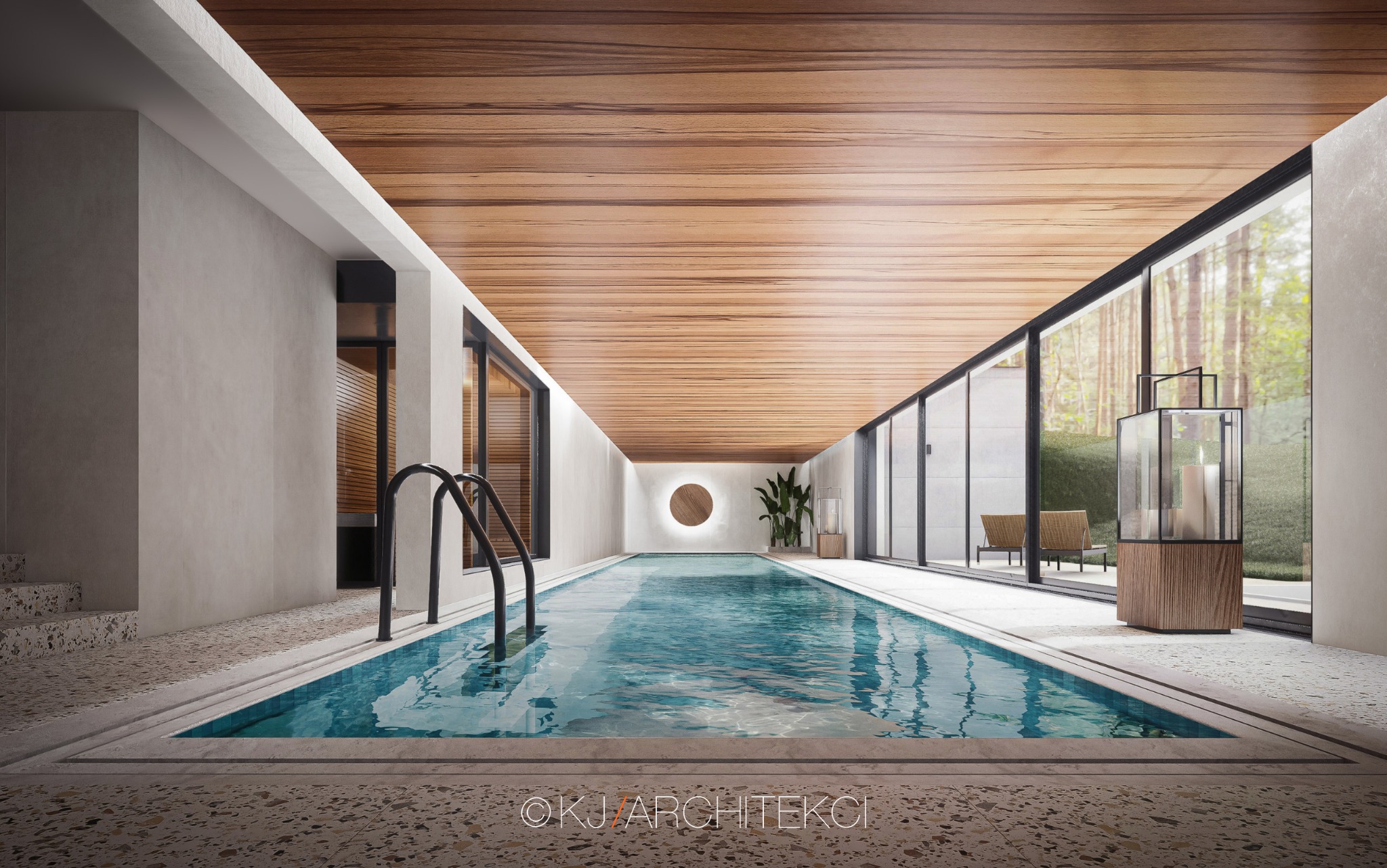 Elegancki kryty basen z drewnianym sufitem, dużymi oknami z widokiem na zieleń i minimalistycznym wystrojem.
