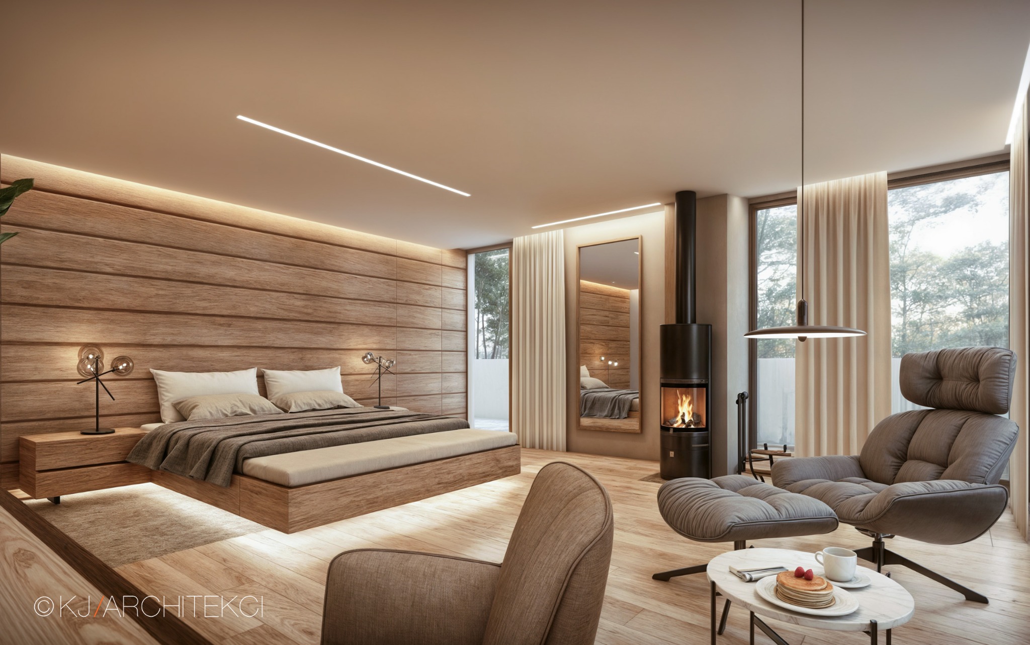 Nowoczesna sypialnia z drewnianą ścianą, podświetlanym łóżkiem, kominkiem i designerskim fotelem z podnóżkiem, oświetlona listwami LED i lampą wiszącą.
