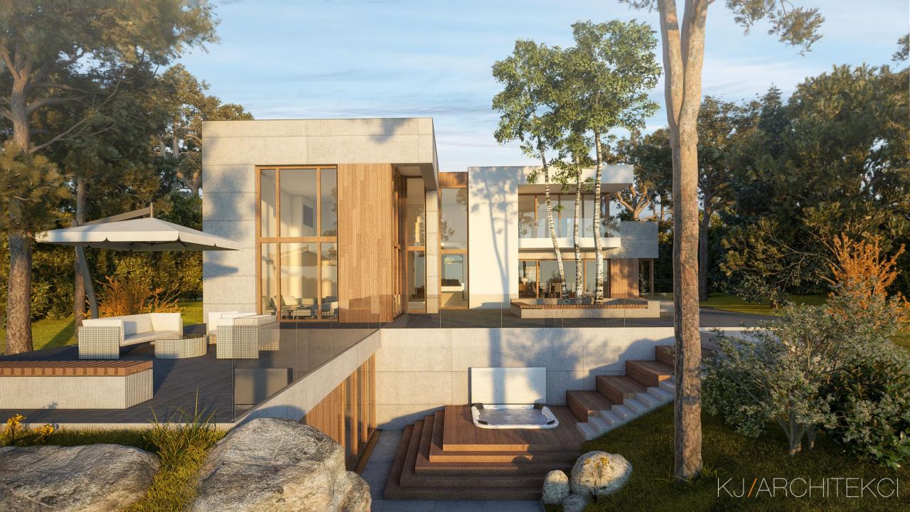 Wizualizacja nowoczesnego, dwukondygnacyjnego domu z płaskim dachem, dużymi przeszkleniami i elementami drewnianymi, otoczonego zielenią, z tarasem, jacuzzi i meblami ogrodowymi.