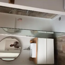 Nowoczesna łazienka z kabiną prysznicową typu walk-in, umywalką nablatową na szafce z drewnianymi akcentami oraz okrągłym lustrem, w którym odbija się osoba.