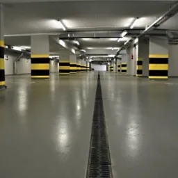 Wnętrze parkingu podziemnego z szarym, błyszczącym wykończeniem podłogi, słupy oznaczone czarno-żółtymi pasami, kratka odpływowa biegnąca przez środek.