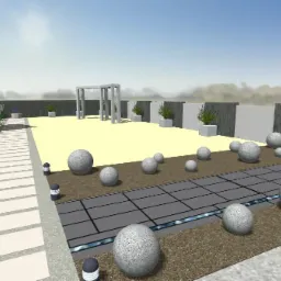 Wizualizacja ogrodu z nowoczesnym domem, ścieżką z płyt, kulami dekoracyjnymi, pergolą i rabatami w donicach.