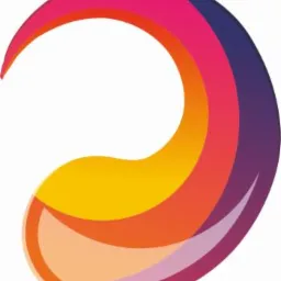 Abstrakcyjny, wielobarwny symbol w kształcie łzy lub litery 'a', przechodzący od żółtego przez pomarańczowy, różowy do fioletowego.