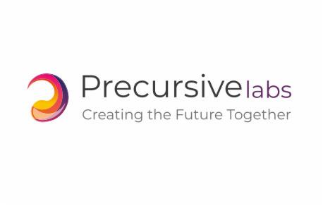 Logo firmy Precursivelabs z abstrakcyjnym symbolem w kształcie litery C w kolorach magenta, pomarańczowy i żółty oraz hasłem 'Creating the Future Together'.