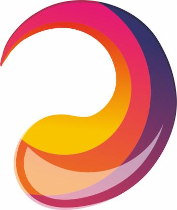 Abstrakcyjny, wielobarwny symbol w kształcie łzy lub litery 'a', przechodzący od żółtego przez pomarańczowy, różowy do fioletowego.