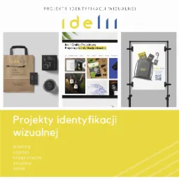 Prezentacja projektów identyfikacji wizualnej marki Idelii, obejmująca torbę papierową, wizytówki, naklejki, stronę internetową z portfolio oraz plakat na stojaku.