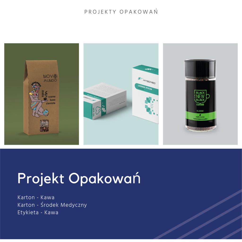 Prezentacja trzech projektów opakowań: kartonowe pudełko na kawę z ilustracją etniczną, białe pudełko kartonowe na produkt medyczny z zielonymi akcentami, oraz szklany słoik na kawę rozpuszczalną...