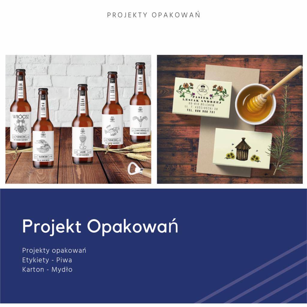 Projekty opakowań: Pięć butelek piwa z różnymi etykietami na drewnianym stole, otwieracz do butelek obok. Obok, wizytówki i kartoniki z motywami pszczelarskimi oraz miseczka z miodem i nabierakiem...
