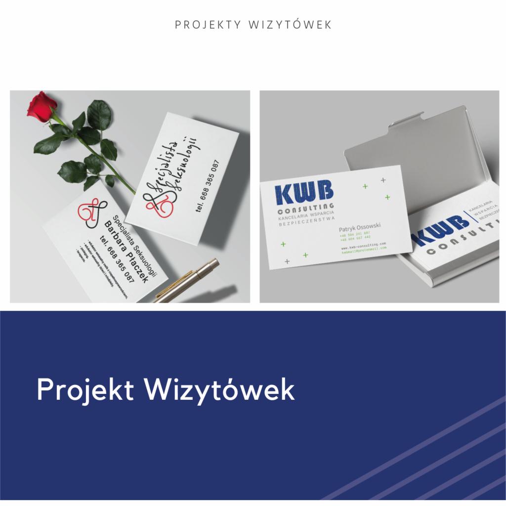 Dwa projekty wizytówek: jedna z motywem kwiatowym i danymi specjalisty seksuologii, druga z logo firmy konsultingowej KWB na szarym tle.