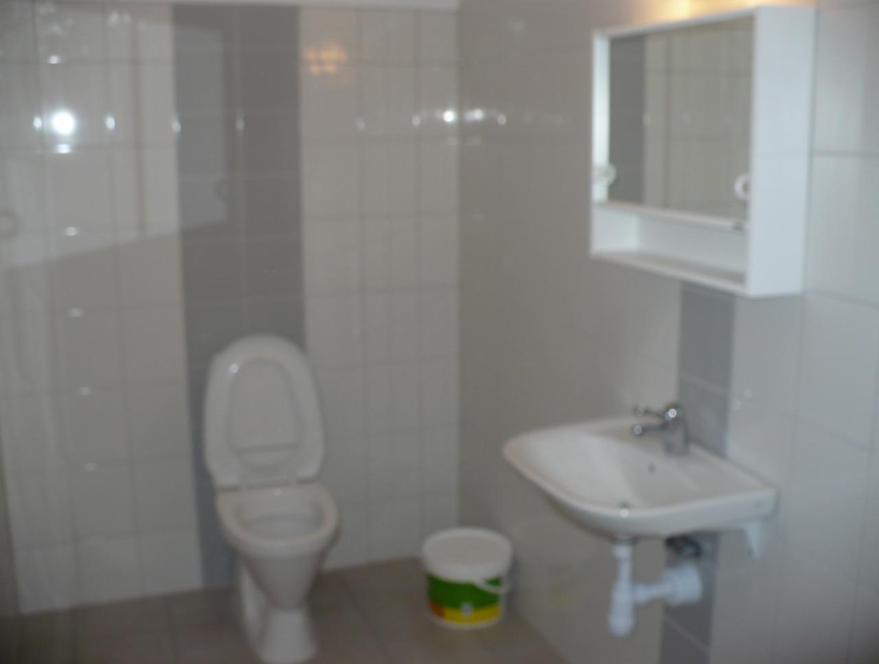 Umywalka z szafką lustrzaną, toaleta i wiadro z farbą w wykafelkowanej na szaro i biało łazience.