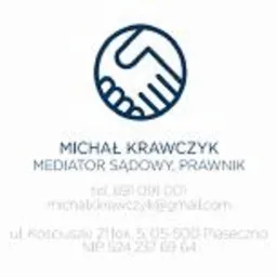 Logo: Stylizowany uścisk dłoni w okręgu nad danymi kontaktowymi mediatora sądowego i prawnika Michała Krawczyka.