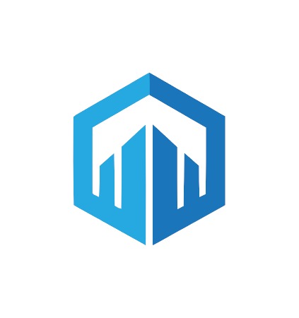 Niebieski, geometryczny logo w kształcie sześciokąta z trzema stylizowanymi budynkami wewnątrz.