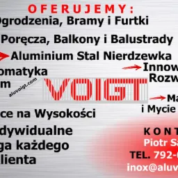 Grafika reklamowa firmy VOIGT oferującej ogrodzenia, bramy, balustrady, automatykę do bram, prace na wysokości oraz malowanie i mycie elewacji, z danymi kontaktowymi.
