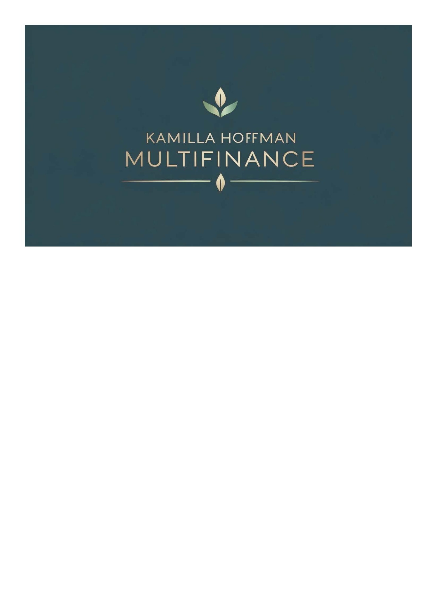 Logo firmy Kamilla Hoffman Multifinance na ciemnym tle. Złote napisy i grafika w kształcie liści. Minimalistyczny design.