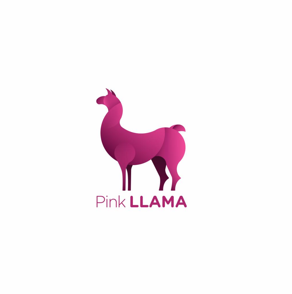 Grafika wektorowa przedstawiająca różową lamę w stylu gradientowym z napisem 'Pink LLAMA' poniżej, na białym tle.