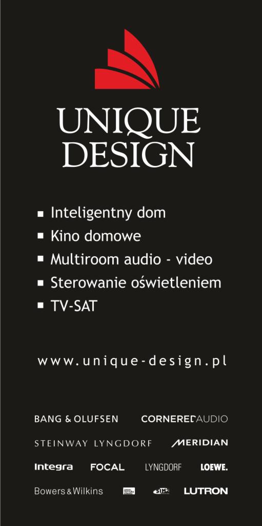 Czarno-biała reklama firmy Unique Design z czerwonym logo, oferującej inteligentny dom, kino domowe, multiroom audio-video, sterowanie oświetleniem i TV-SAT, z listą marek takich jak Bang & Olufsen...