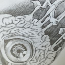 BArt - Szkic ołówkiem przedstawiający oko otoczone motywem mózgu i abstrakcyjnymi kształtami w stylu biomechanicznym.