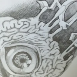 Szkic ołówkiem przedstawiający oko otoczone motywem mózgu i abstrakcyjnymi kształtami w stylu biomechanicznym.