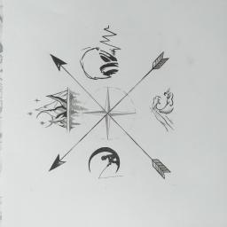 BArt - Szkic kompozycji z czterema strzałami skierowanymi na zewnątrz od centralnej róży wiatrów, otoczonymi rysunkami góry, fali, planety z błyskawicą i postaci w półksiężycu, z fragmentem innego rysunku...