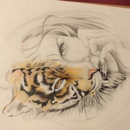 BArt - Szkic ołówkiem przedstawiający portret kobiety z tygrysem, gdzie pysk tygrysa jest częściowo pokolorowany, a reszta rysunku jest w odcieniach szarości.