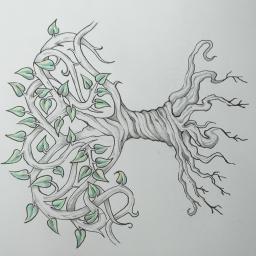 BArt - Ręcznie rysowany szkic drzewa z liśćmi, wykonany czarnym tuszem i szarymi cieniami, z delikatnymi zielonymi akcentami na liściach, na białym tle.