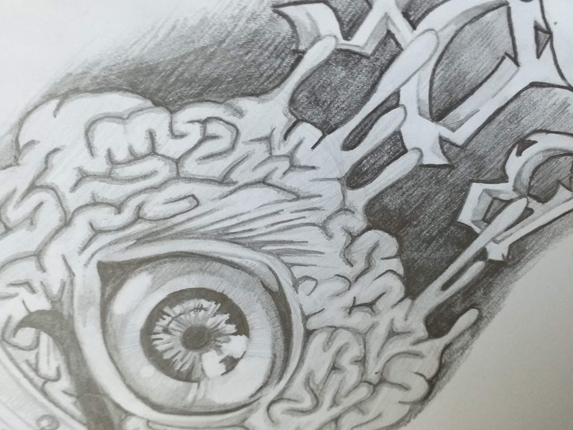 Szkic ołówkiem przedstawiający oko otoczone motywem mózgu i abstrakcyjnymi kształtami w stylu biomechanicznym.