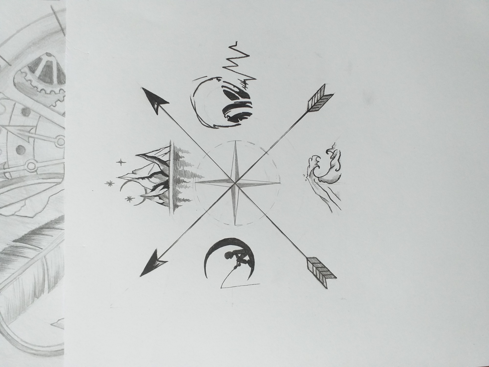 Szkic kompozycji z czterema strzałami skierowanymi na zewnątrz od centralnej róży wiatrów, otoczonymi rysunkami góry, fali, planety z błyskawicą i postaci w półksiężycu, z fragmentem innego rysunku...