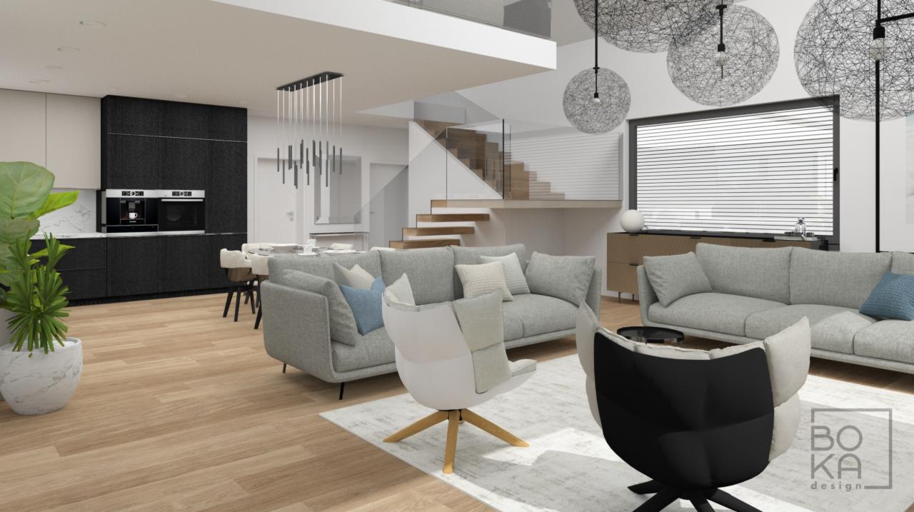 Wizualizacja przestronnego, dwupoziomowego salonu z kuchnią w stylu skandynawskim, z szarymi sofami, drewnianymi podłogami i designerskimi lampami wiszącymi, z widocznymi schodami na piętro...