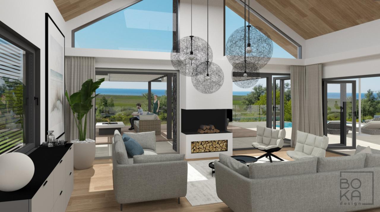 Wizualizacja przestronnego salonu z kominkiem, dużymi oknami z widokiem na morze, szarymi sofami i nowoczesnymi lampami wiszącymi, z drewnianym sufitem i elementami dekoracyjnymi.