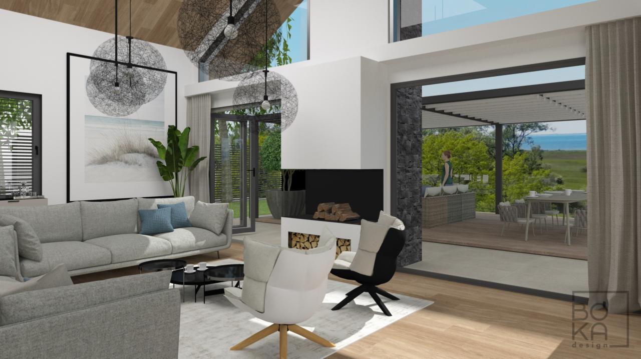 Wizualizacja przestronnego salonu z kominkiem, szarą sofą, abstrakcyjnymi lampami i widokiem na taras z pergolą oraz krajobraz za oknem.
