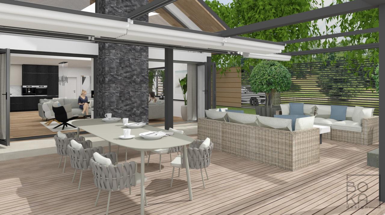 Wizualizacja zadaszonego tarasu z drewnianą podłogą, stołem jadalnym z zastawą, rattanowymi meblami wypoczynkowymi i widokiem na salon z siedzącą kobietą.