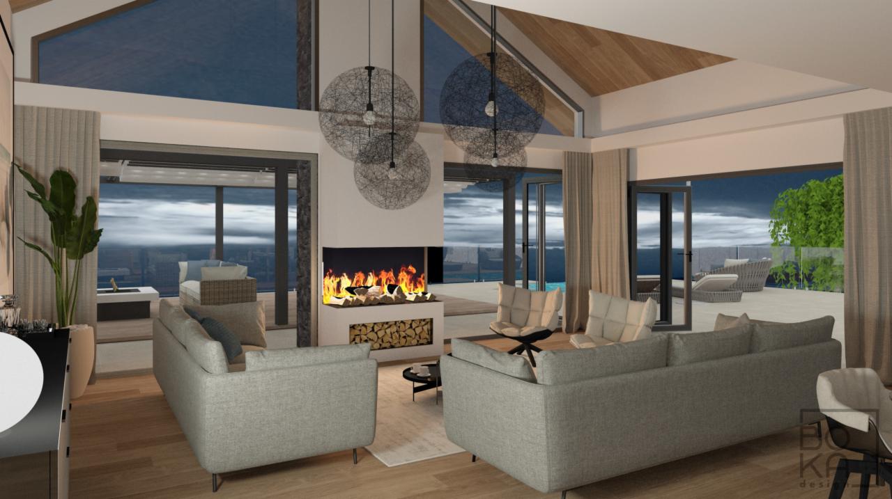 Wizualizacja przestronnego salonu z kominkiem, widokiem na morze i nowoczesnym oświetleniem, ukazująca drewniany sufit i minimalistyczne meble.