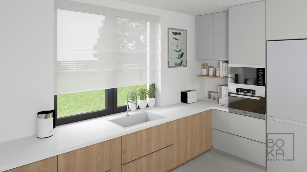 Wizualizacja nowoczesnej kuchni z drewnianymi frontami szafek, białym blatem, roletami rzymskimi w oknie i minimalistycznymi dodatkami.