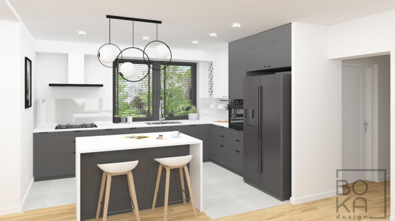 Wizualizacja nowoczesnej kuchni w odcieniach szarości i bieli, z wyspą kuchenną i hokerami, oświetlona wiszącymi lampami z okrągłymi kloszami i dużym oknem z widokiem na zieleń.