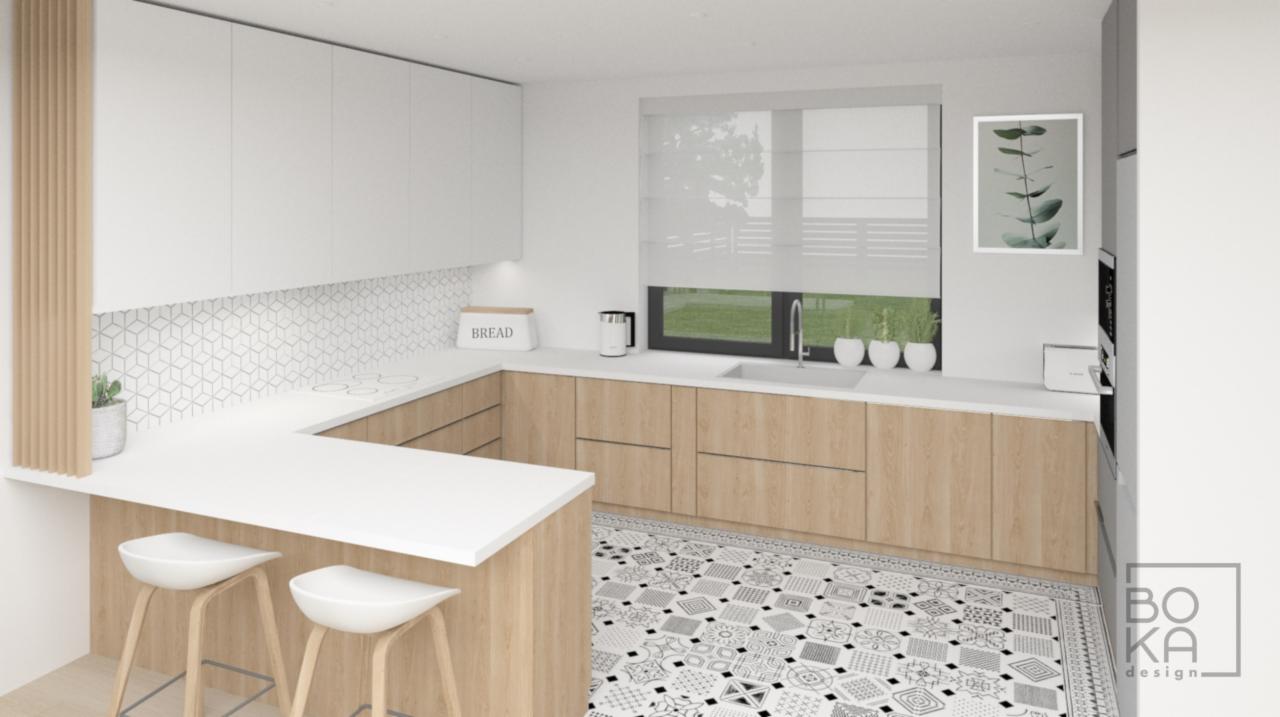 Wizualizacja nowoczesnej kuchni z białymi szafkami górnymi i drewnopodobnymi dolnymi, białym blatem, geometryczną mozaiką nad blatem, wzorzystą podłogą, dwoma białymi hokerami przy wyspie i oknem...