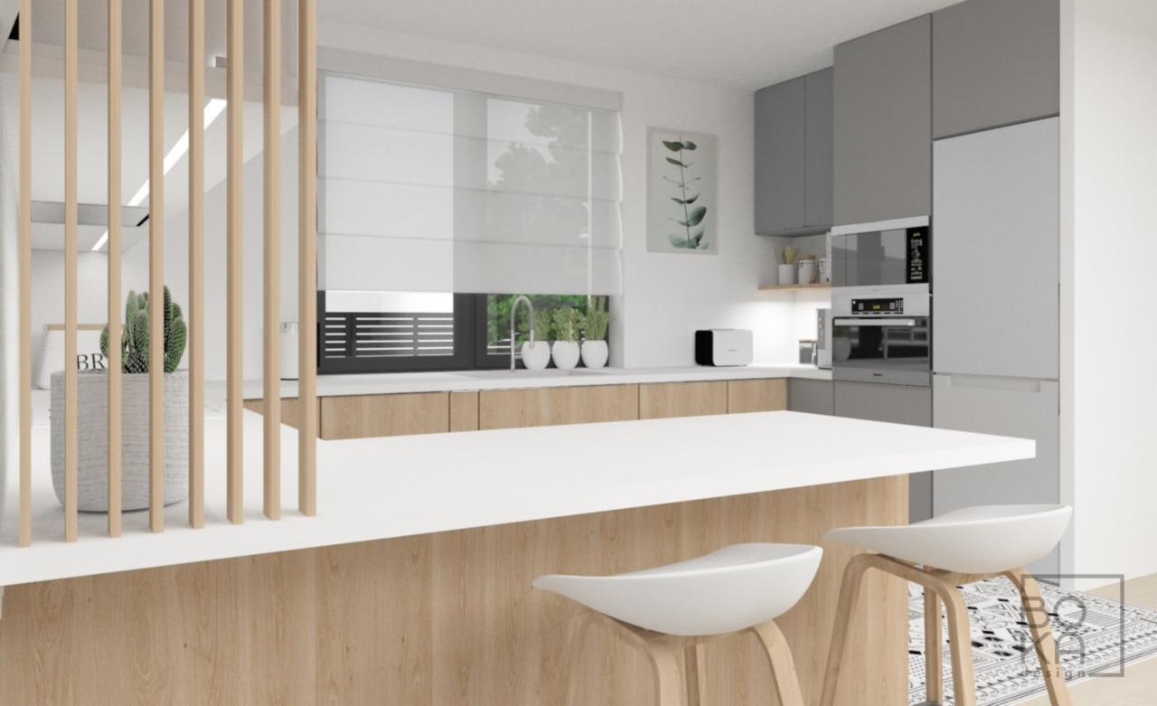 Wizualizacja nowoczesnej kuchni z wyspą, białymi hokerami, szarymi szafkami i drewnianymi akcentami, widok przez drewniane lamele.