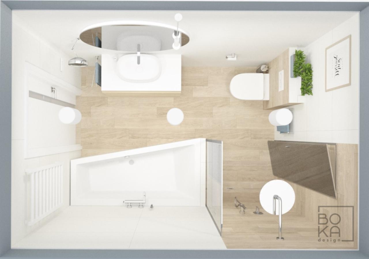 Wizualizacja łazienki z perspektywy z góry, ukazująca białą wannę, umywalkę z okrągłym lustrem z oświetleniem, toaletę, grzejnik, kabinę prysznicową oraz drewnopodobne płytki na podłodze i ścianie,...