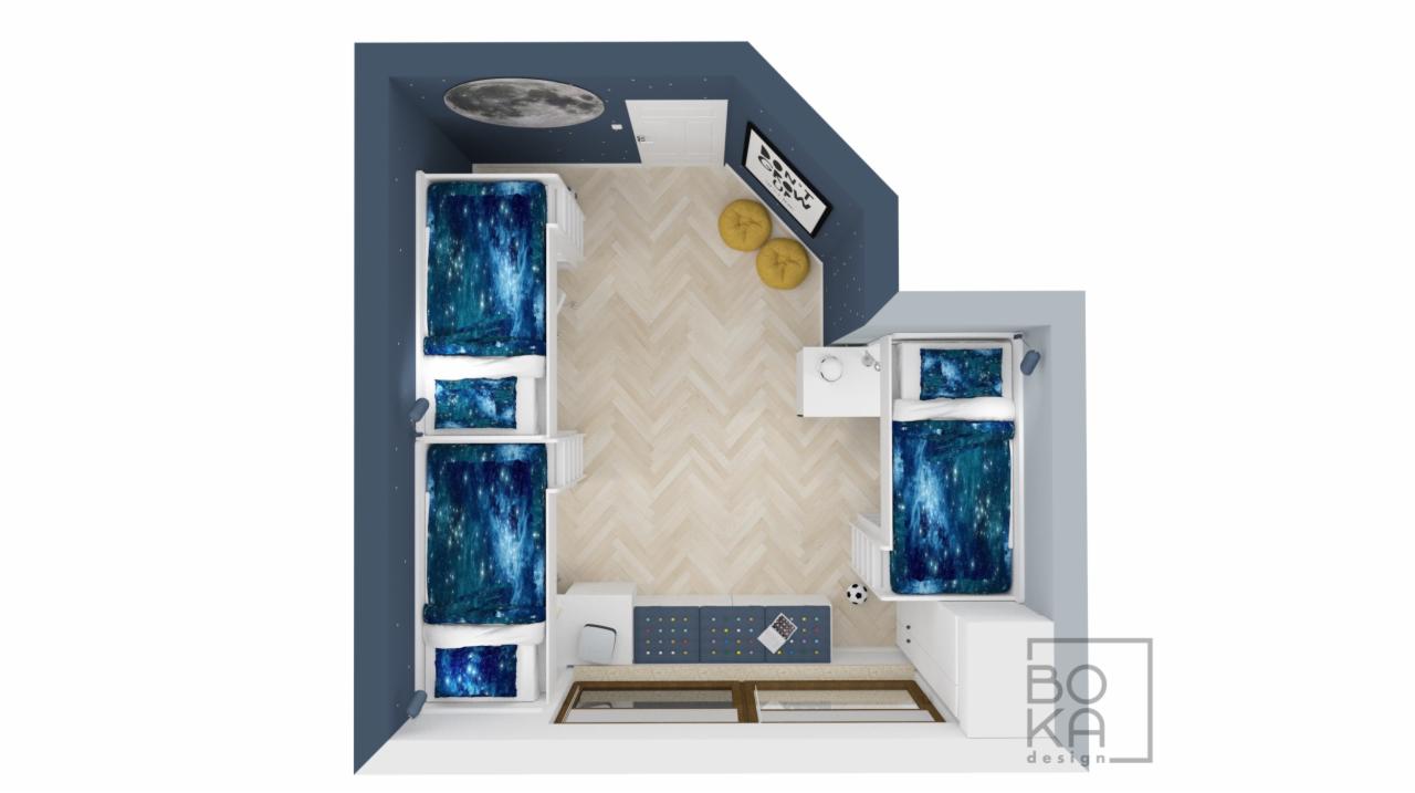 Wizualizacja pokoju dziecięcego z trzema łóżkami w stylu kosmicznym, widok z góry, z drewnianą podłogą w jodełkę i dekoracją sufitu imitującą księżyc.