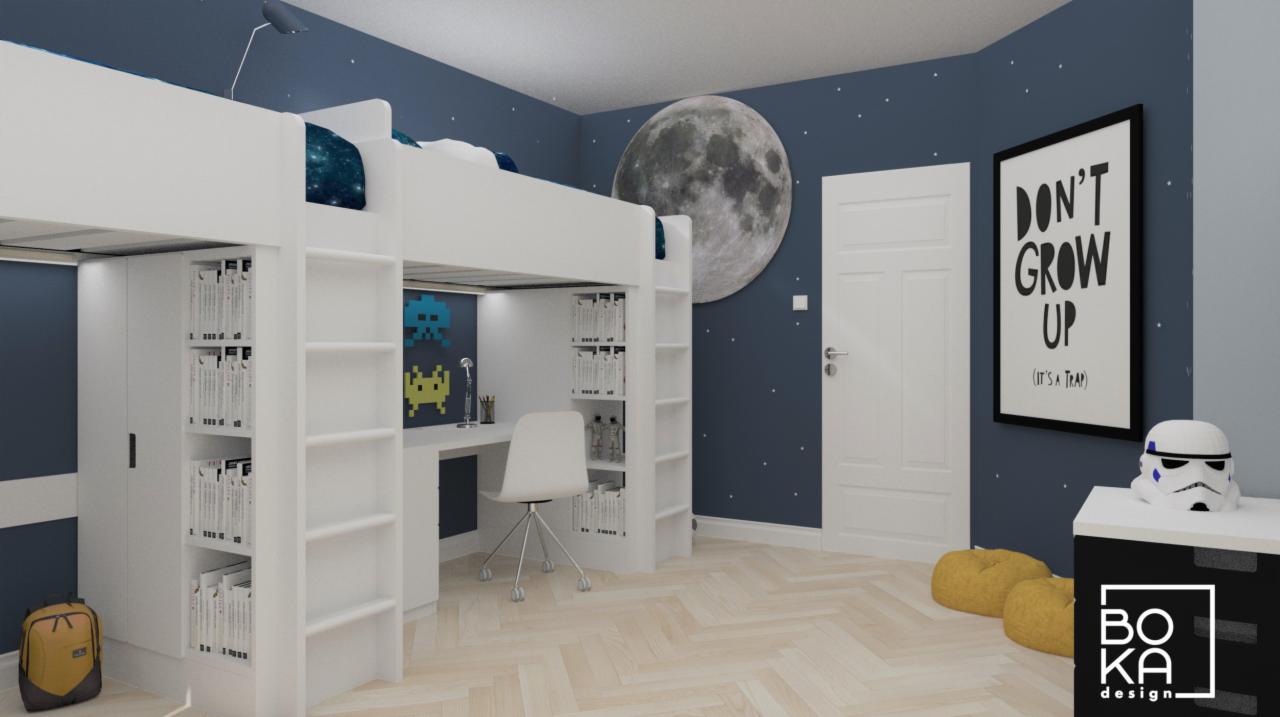 Pokój dziecięcy z łóżkiem na antresoli, biurkiem, regałami na książki, plakatem 'Don't Grow Up' i dekoracją ścienną z motywem księżyca, utrzymany w kolorystyce granatowo-białej z elementami żółtego.
