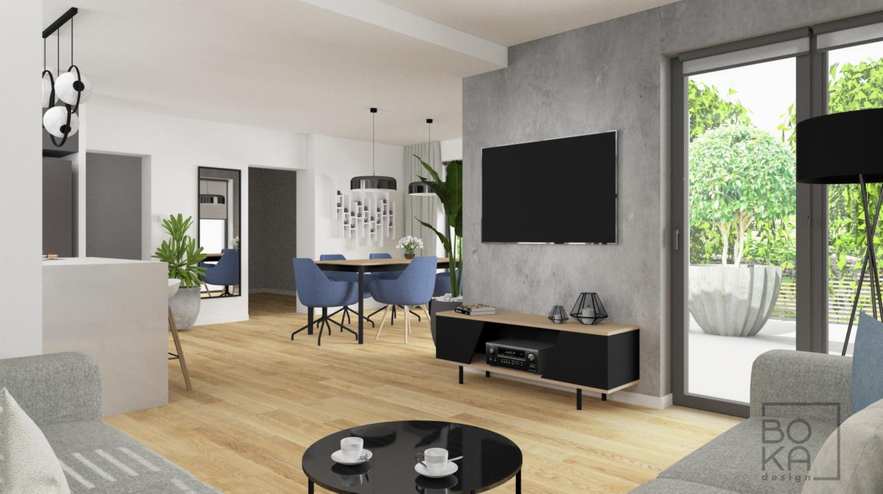 Wizualizacja salonu z jadalnią: szara sofa, czarny stolik kawowy z filiżankami, telewizor na ścianie o fakturze betonu, niebieskie krzesła przy drewnianym stole jadalnianym, widok na ogród przez...