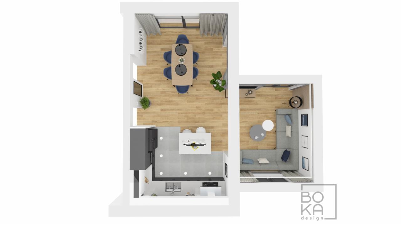Widok z góry na wizualizację 3D przestronnego mieszkania w Bydgoszczy, z wydzieloną kuchnią, jadalnią z okrągłymi świecznikami i salonem z szarą sofą narożną, prezentowaną przez firmę BOKA design.