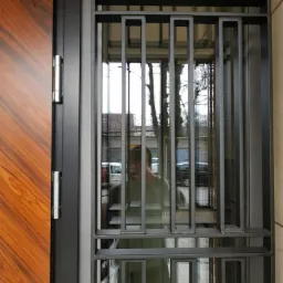 Nowoczesna, metalowa krata okienna o geometrycznym wzorze, zamontowana przy drewnianych drzwiach wejściowych; widoczne odbicie osoby robiącej zdjęcie.