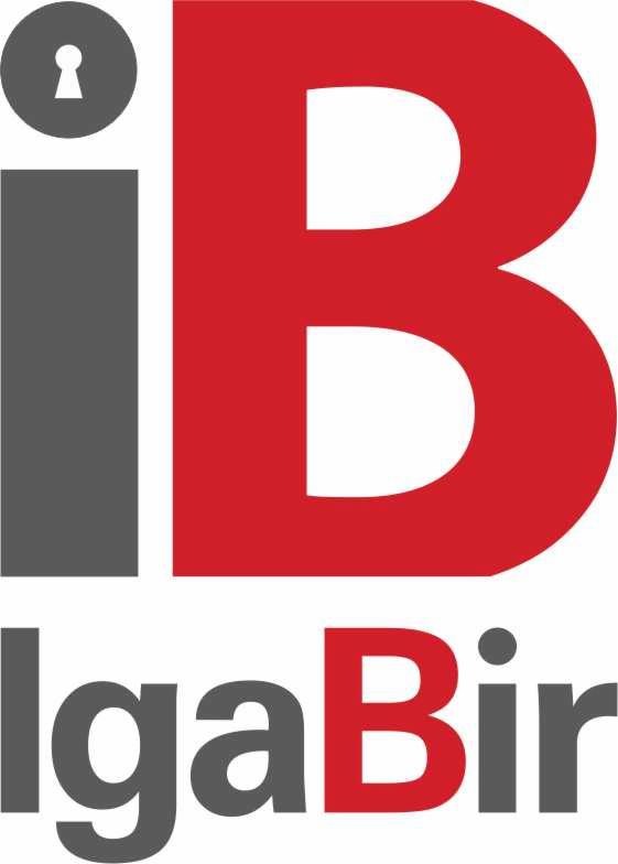 Logo firmy IgaBir: szara litera 'i' z symbolem klucza u góry, duża czerwona litera 'B', szary napis 'IgaBir' pod literami.