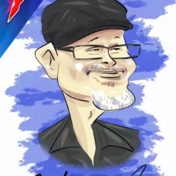 Cyfrowa karykatura mężczyzny w okularach i czapce, z logo AGT w rogu, na tle niebieskich pociągnięć pędzla i z autografem.