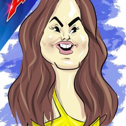 ROANKO ROMAN KOLIŃSKI - Cyfrowy portret karykaturalny kobiety z brązowymi włosami i żółtej sukience, z logo America's Got Talent w tle.