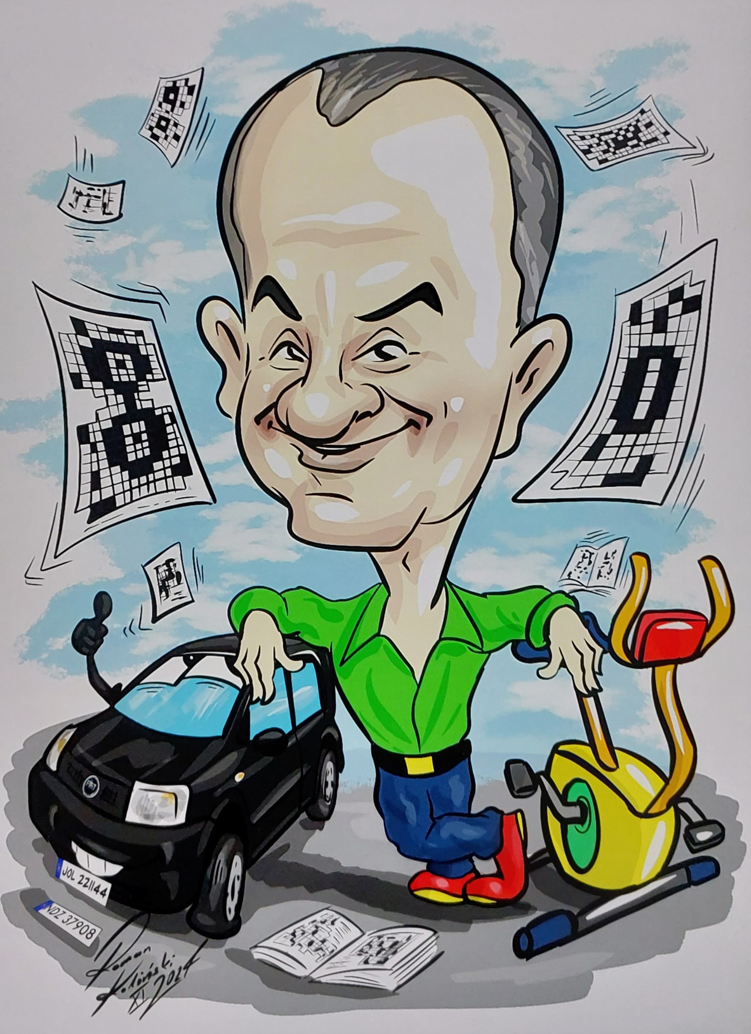 Portret karykaturalny mężczyzny opierającego się o czarny samochód i żółto-czerwony rower stacjonarny, z latającymi krzyżówkami na błękitnym tle.
