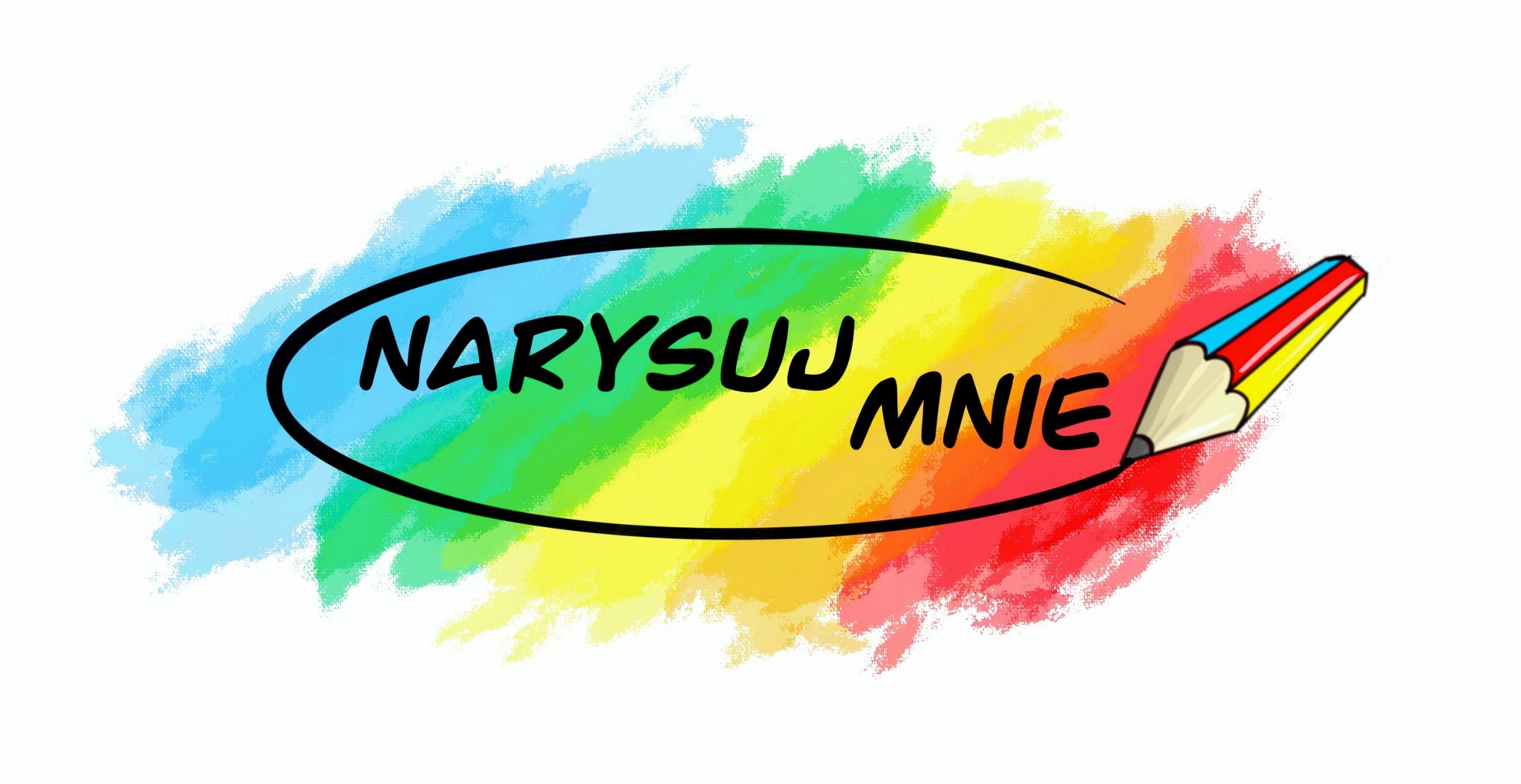 Kolorowe logo 'Narysuj Mnie' z ołówkiem w prawym rogu na białym tle.