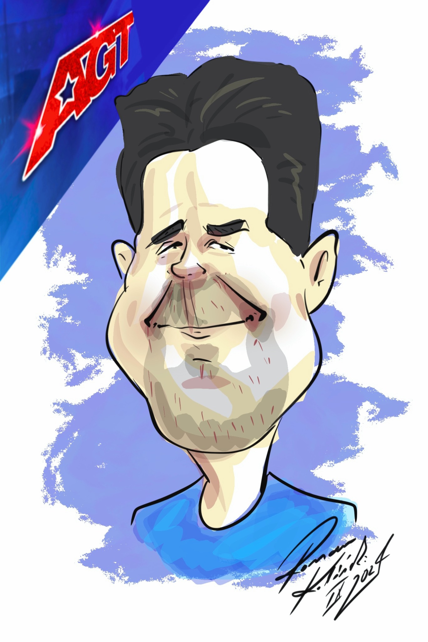 Ilustracja karykaturalna mężczyzny z logo 'AGT' w tle, wykonana w stylu szkicowym z użyciem niebieskich i czerwonych akcentów.